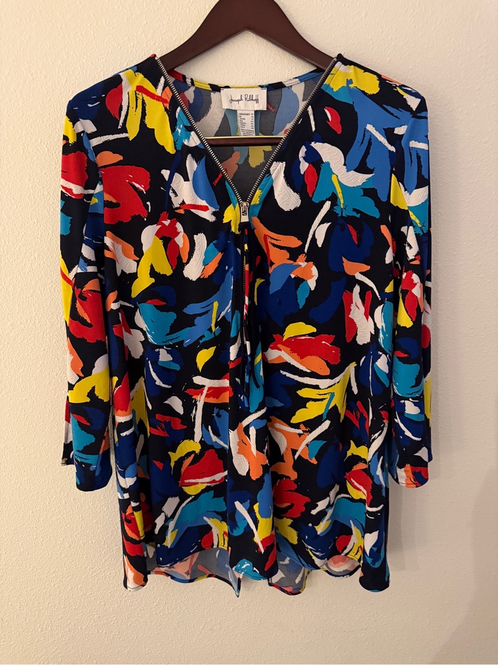 Joseph Ribkoff Multicolor Abstract Print Zip Front Tunic Top Size 14 Made Canada